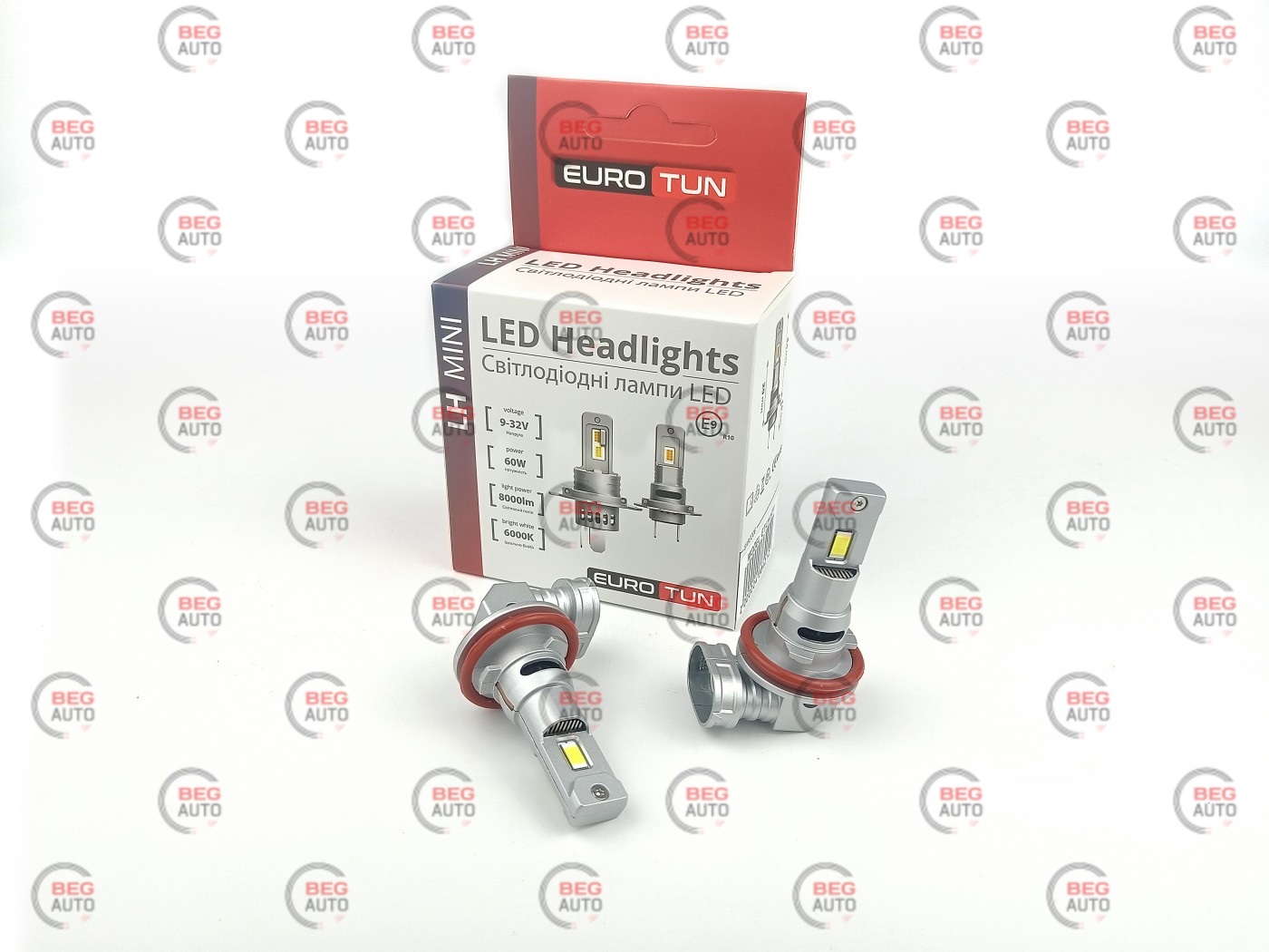 лампа LED H8/H9/H11/H16 12V-24V 60W EUROTUN LH 8000L 6000K радіатор