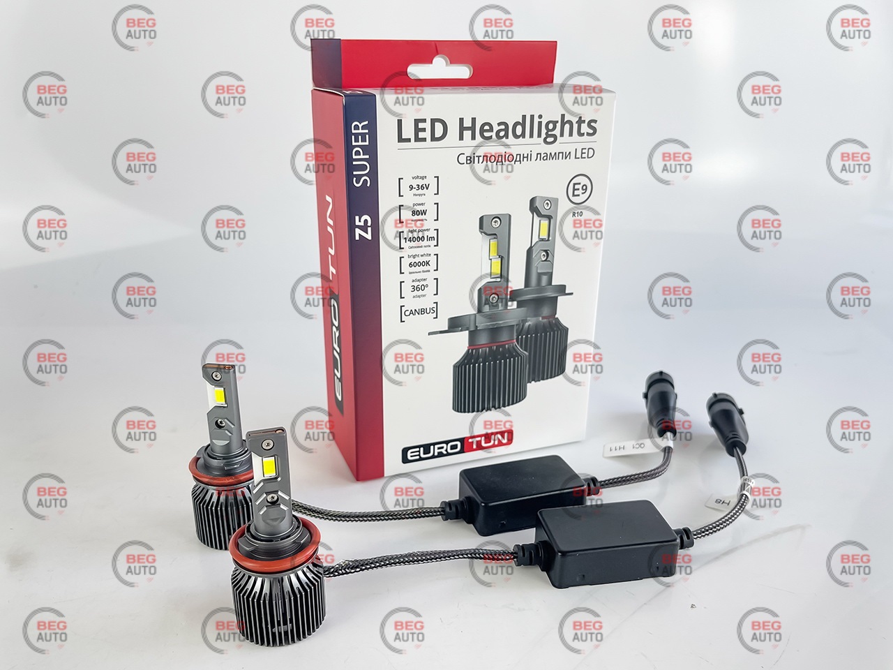 лампа LED H8/H9/H11/H16 12V-24V 80W EUROTUN Z5E 14000L 6000K CAN BUS радіатор з вентилят.