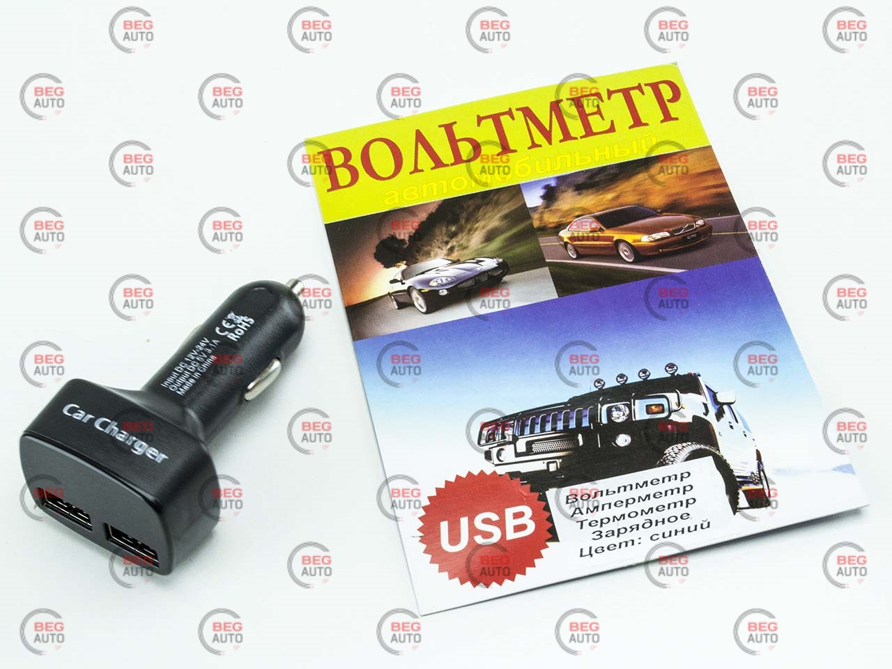 вольтметр-термометр з дисплеєм в прикур., 2 USB з амперм. синій 12В МАРС